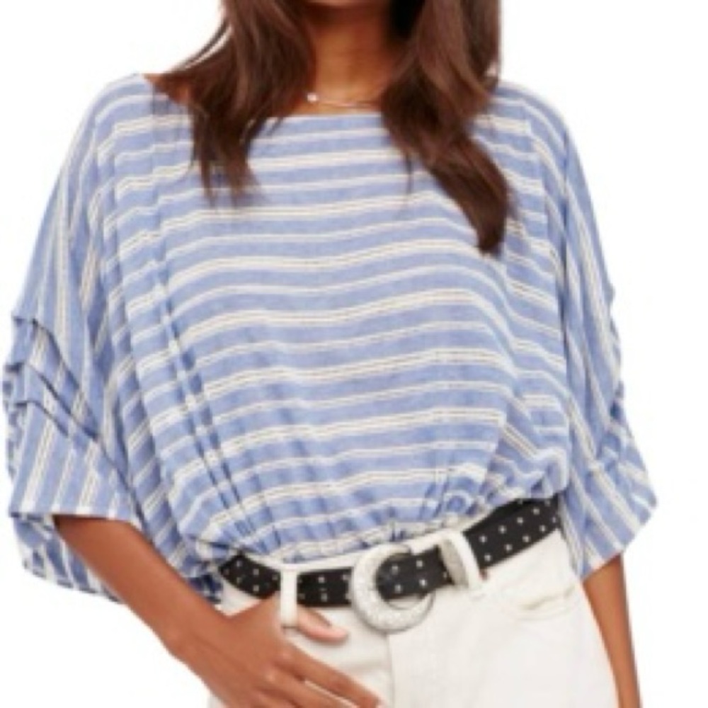 Free People Blue and White 3/4 Sleeve Blouse